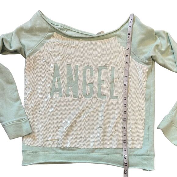 VICTORIAS SECRET Mint Sequin Front Wide Neck Fleece Lined Long Sleeve Pullover S - Picture 4 of 7